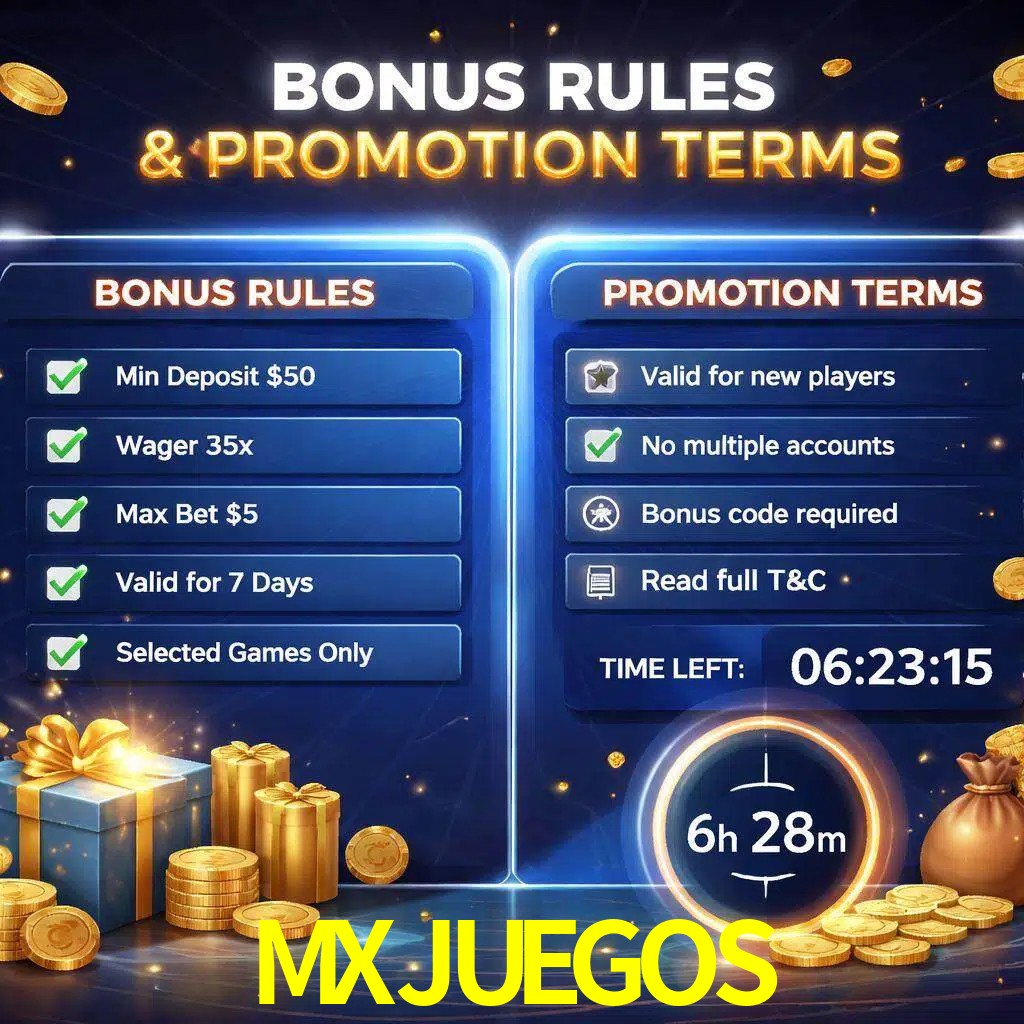 Reglas de promoción MXJUEGOS y condiciones de bonos explicadas visualmente