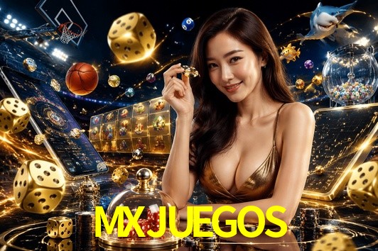 Una escena digital vívida inspirada en casino con MXJUEGOS mostrado prominentemente, luces brillantes, fichas, cartas y acentos dorados.