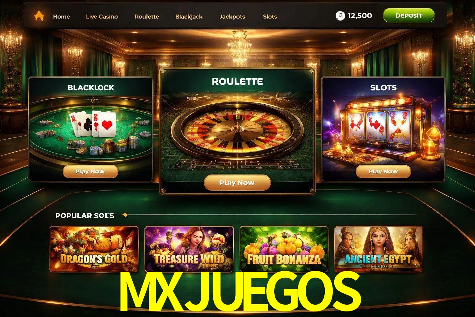 Vista de la plataforma MXJUEGOS Casino mostrando categorías organizadas de juegos en línea