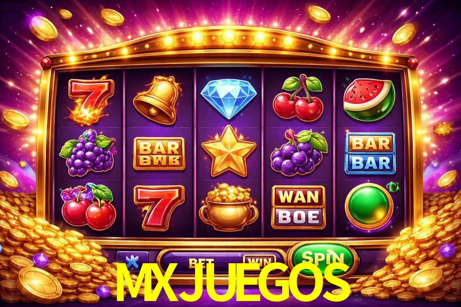 Una interfaz colorida de tragamonedas en línea con símbolos brillantes, monedas y un efecto de victoria celebratoria en MXJUEGOS.