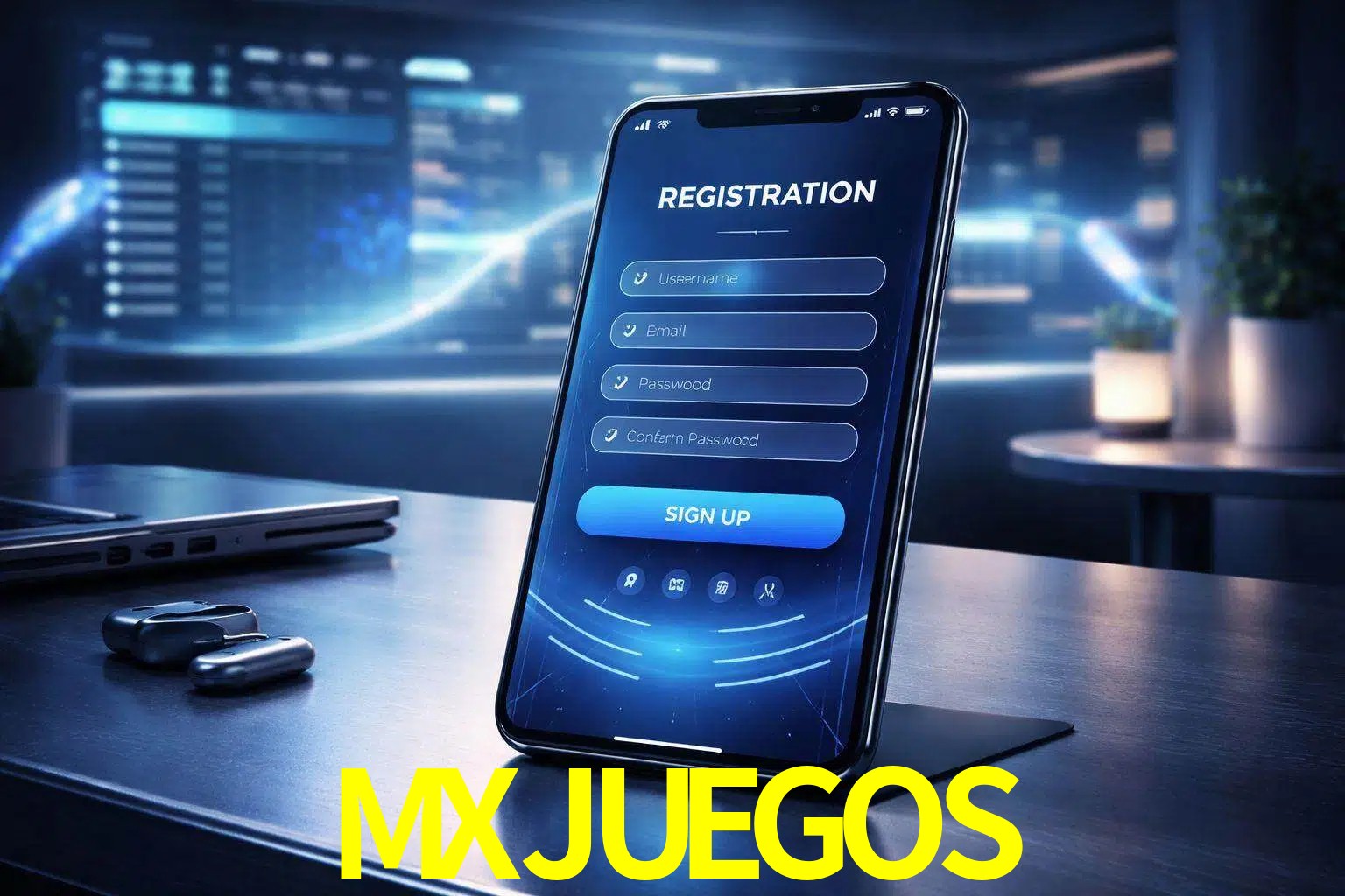 Una interfaz moderna de registro móvil para MXJUEGOS mostrada en un smartphone con un panel de apuestas elegante.
